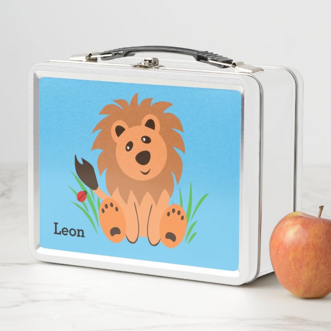 Cute lion in the grass with ladybug   metal lunch box (In Situ)