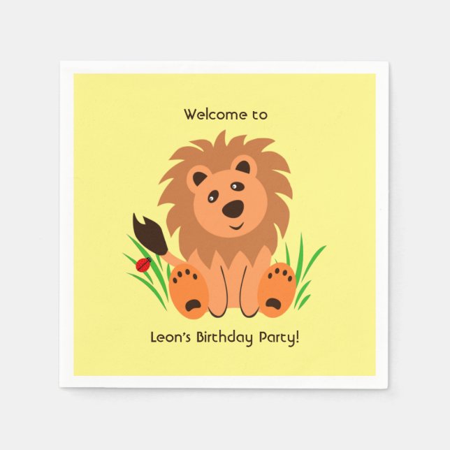 Cute lion in the grass with ladybug  napkins (Front)