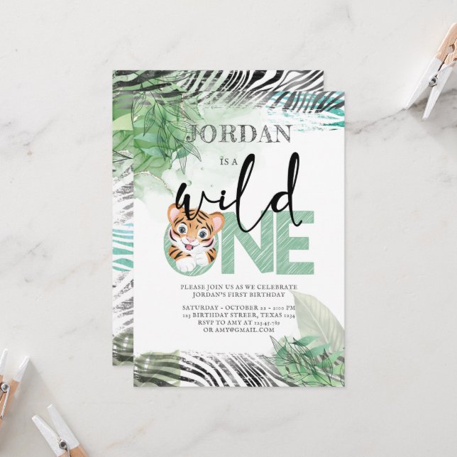 Cute Lion Jungle First Birthday Invitation (Front/Back In Situ)