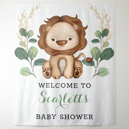 Cute Lion Jungle King Greenery Baby Shower Welcome Tapestry