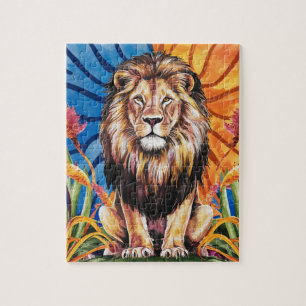 Cute Lion King Wild Animal Floral Watercolor Jigsaw Puzzle