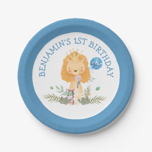 Cute Lion Leaves Blue Boys 1st Birthday Party Paper Plates