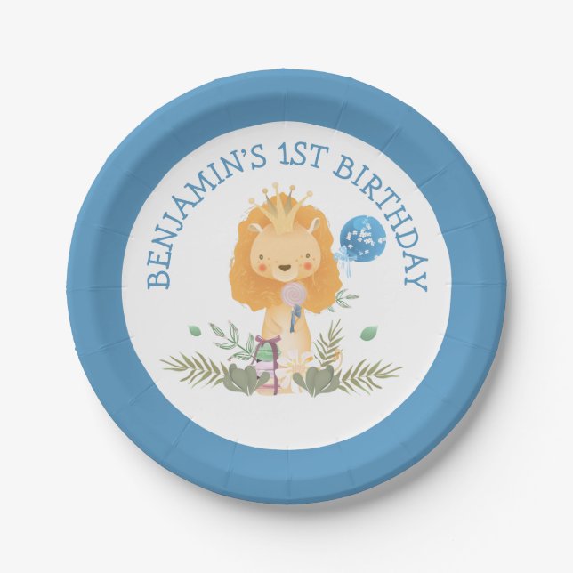 Cute Lion Leaves Blue Boys 1st Birthday Party Paper Plates (Front)