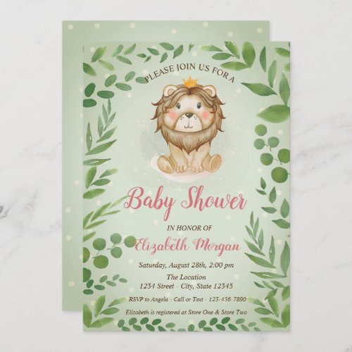 Cute Lion Leaves Blue Dots Baby Shower Invitation