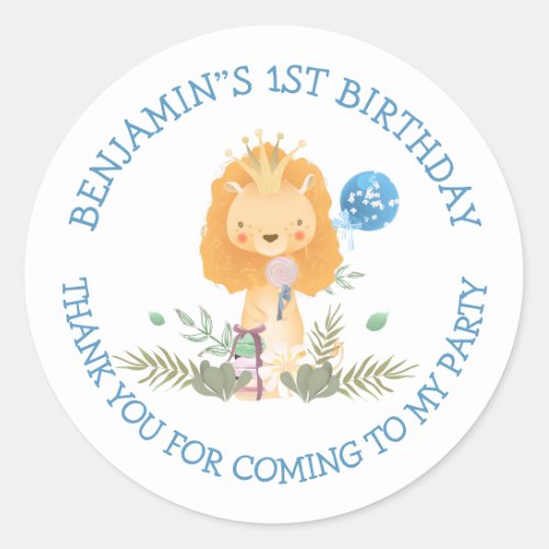 Cute Lion Name Thank you Boy 1st Birthday Classic Round Sticker