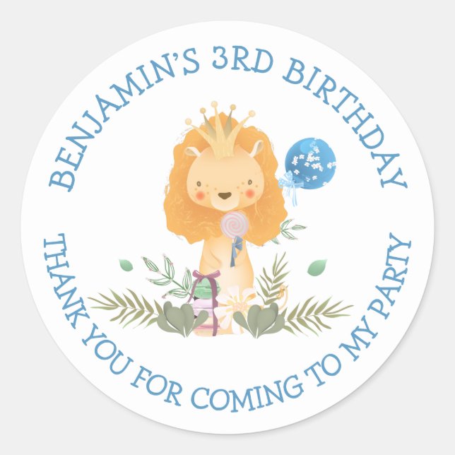 Cute Lion Name Thank You Boy 3rd Birthday Classic Round Sticker (Front)