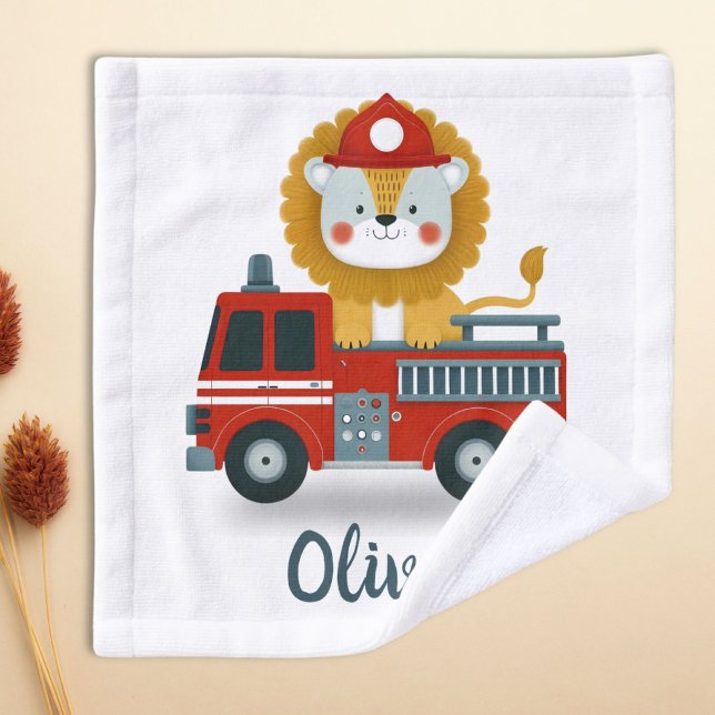 Cute Lion on a Fire Truck Personalized Wash Cloth (Creator Uploaded)