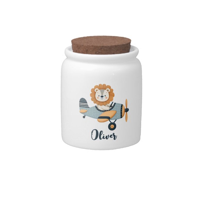 Cute Lion on Charming Airplane Personalized Candy Jar (Front)