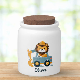 Cute Lion on Excavator Personalized Candy Jar