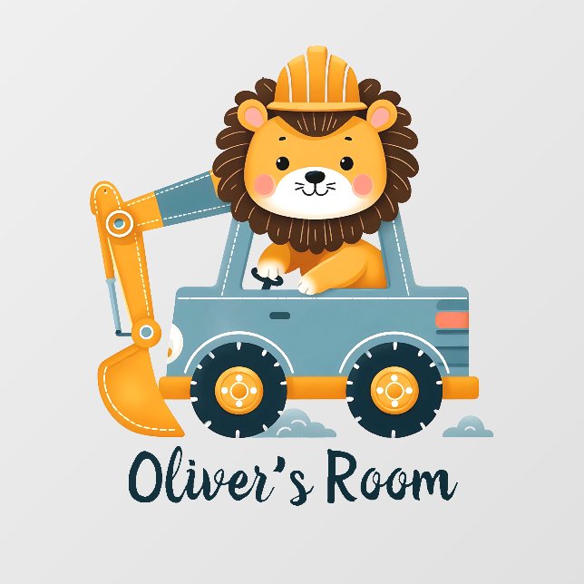 Cute Lion on Excavator Personalized Wall Decal (Front)