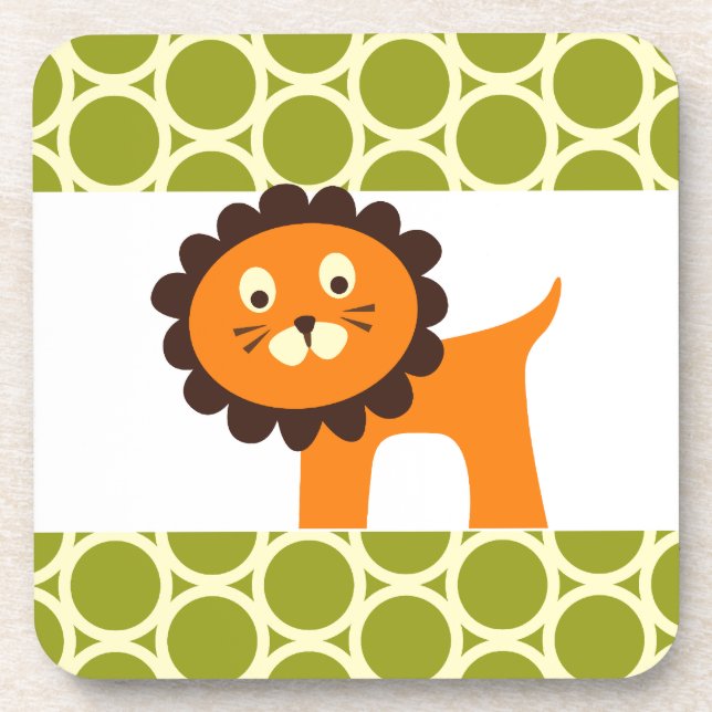 Cute Lion on Green Pattern Gifts for Kids Drink Coaster (Front)
