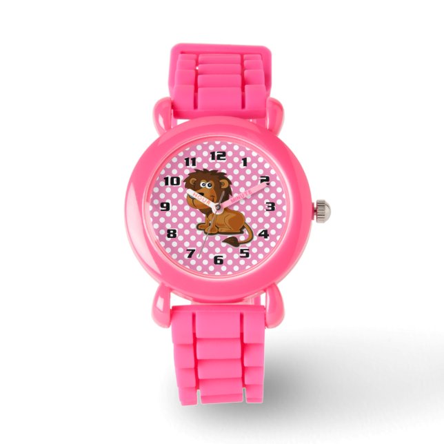 Cute Lion on Pink Polka Dot Pattern Watch (Front)
