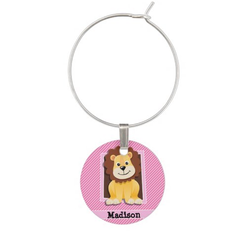 Cute Lion on Pink  White Stripes Wine Charm