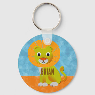 Cute Lion On Watercolor Background Custom Name Keychain