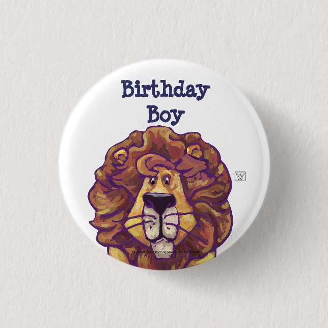 Cute Lion Party Center Birthday Boy Pinback Button (Front)