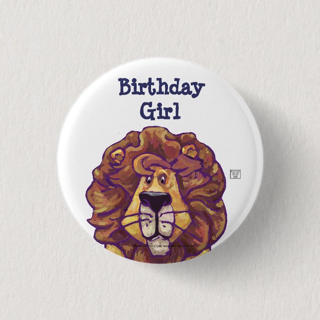 Cute Lion Party Center Birthday Girl Pinback Button (Front)