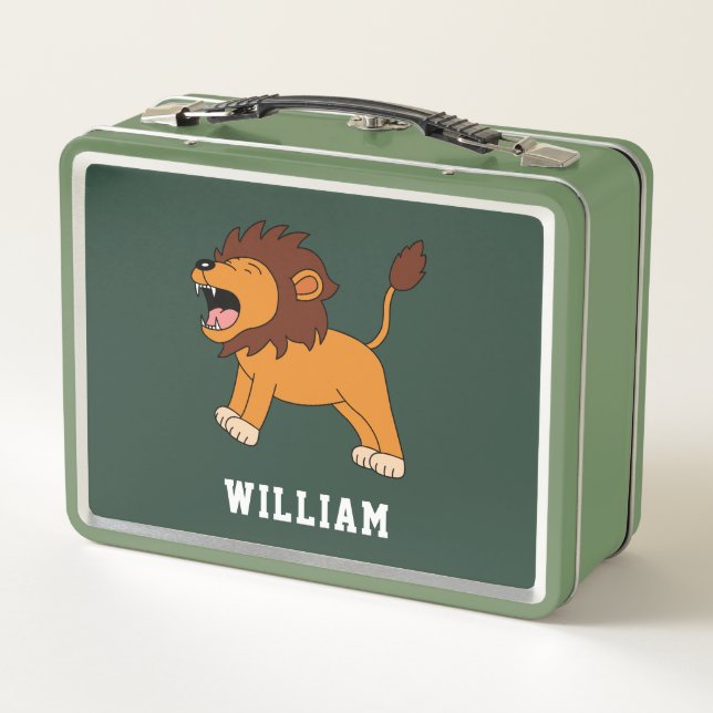Cute Lion Personalized Custom Name Back To School Metal Lunch Box (Back)