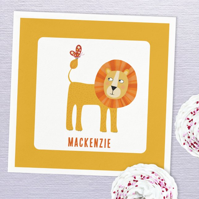 Cute Lion Personalized Napkins (Cute lion personalized name kids party paper napkin)