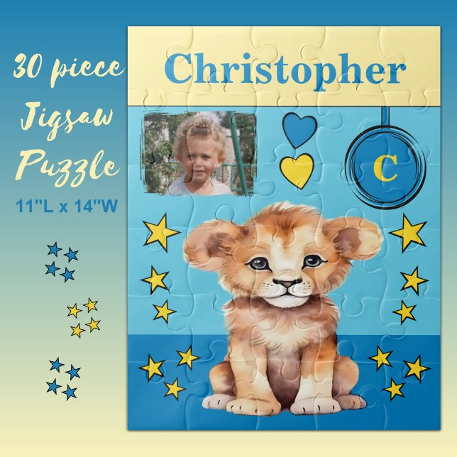 Cute lion photo name blue yellow kids jigsaw puzzle (Creator Uploaded)