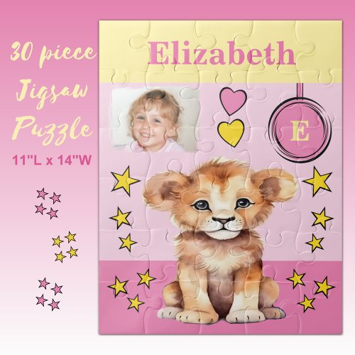 Cute lion photo name pink yellow kids jigsaw puzzle