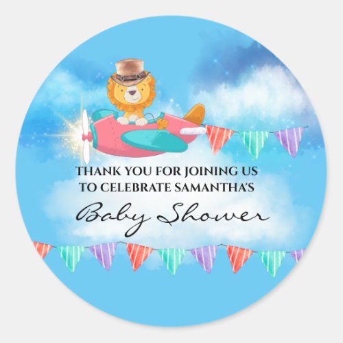 Cute lion pilot flying airplane bunting thank you classic round sticker