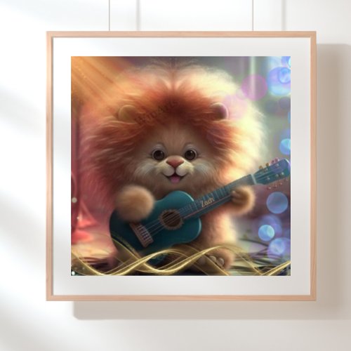 Cute lion playing a guitar personalized art  poster