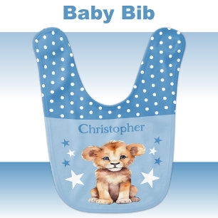Cute lion polka dots stars add name blue baby bib
