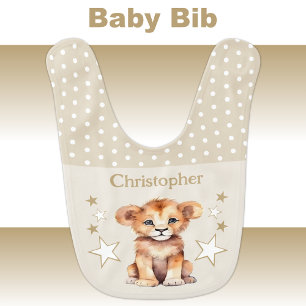 Cute lion polka dots stars add name brown baby bib