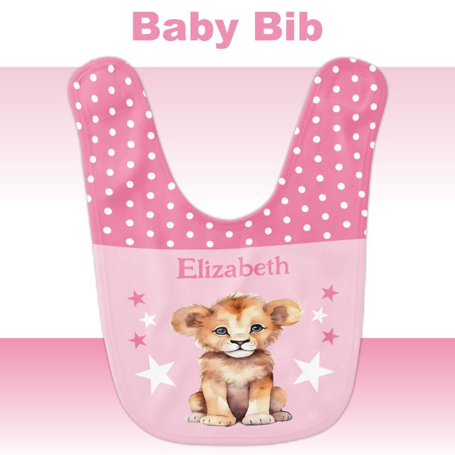 Cute lion polka dots stars add name pink baby bib (Creator Uploaded)