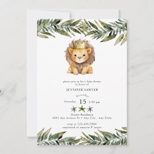 Cute Lion  Prince  Watercolor Baby Shower Invitation