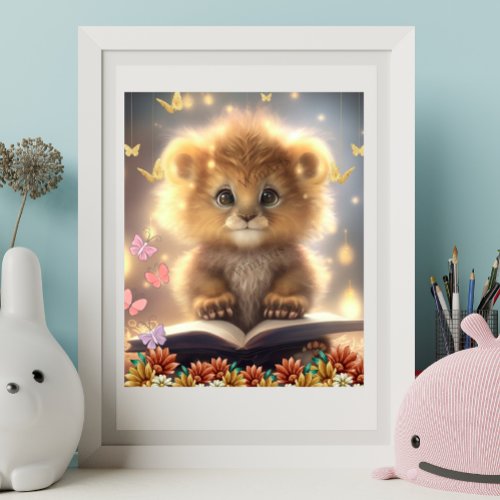 Cute Lion Reading a book Art Nursery Poster