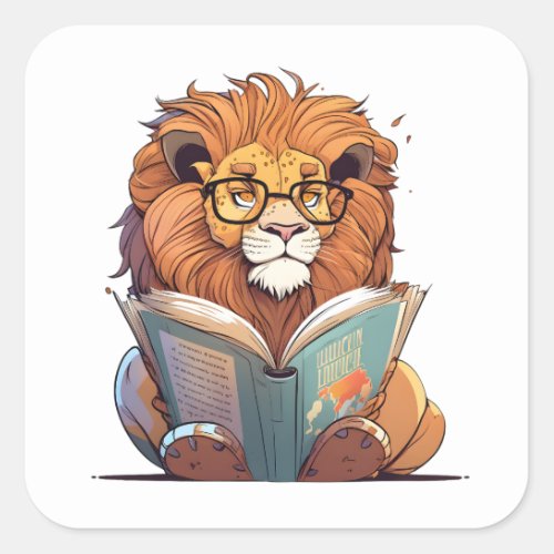  Cute Lion Reading Book Wild About Reading Square Sticker