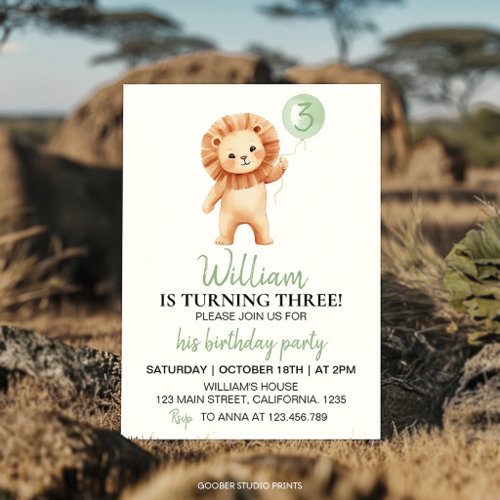 Cute Lion Sage Green Balloon Birthday Party Invitation