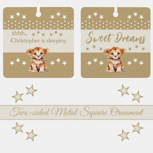 Cute lion shhh add name is sleeping brown metal ornament