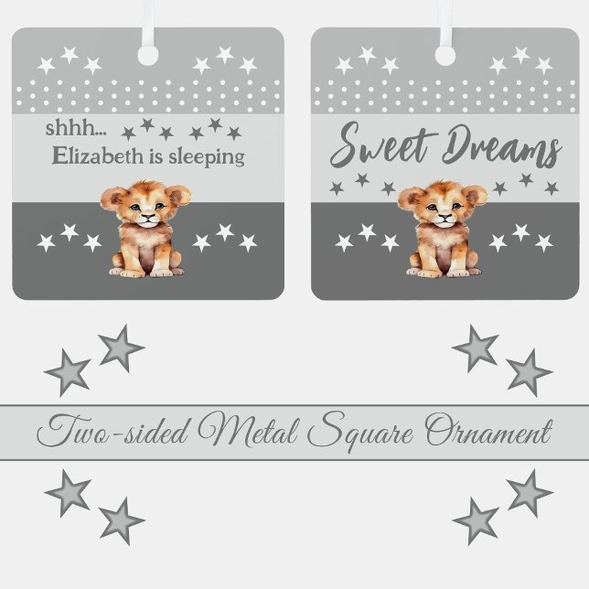 Cute lion shhh add name is sleeping grey metal ornament (Creator Uploaded)