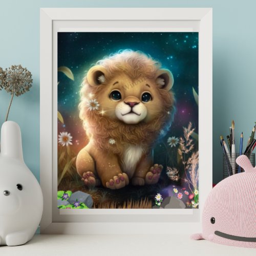 Cute Lion Sitting on a Rock Starry Night Art Poster