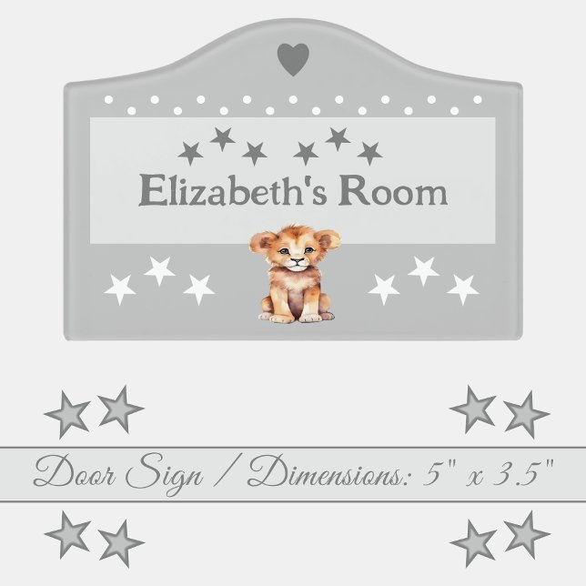 Cute lion stars baby's room add name grey door sign (Creator Uploaded)