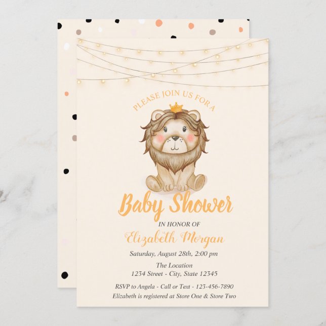 Cute Lion, String Lights,Dots Baby Shower Invitation (Front/Back)