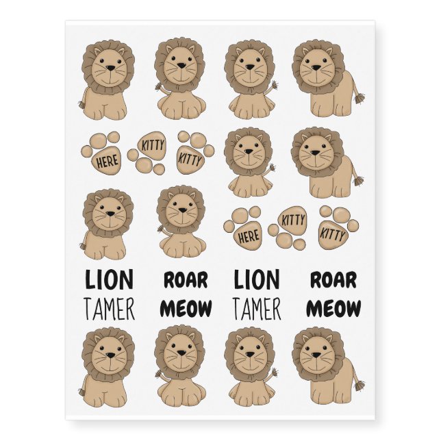 Cute Lion Tamer Animal Themed Cartoon Set Temporary Tattoos (Front)
