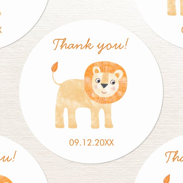 Cute Lion Thank You Date Classic Round Sticker (Cute watercolor lion thank you sticker with custom text and date)