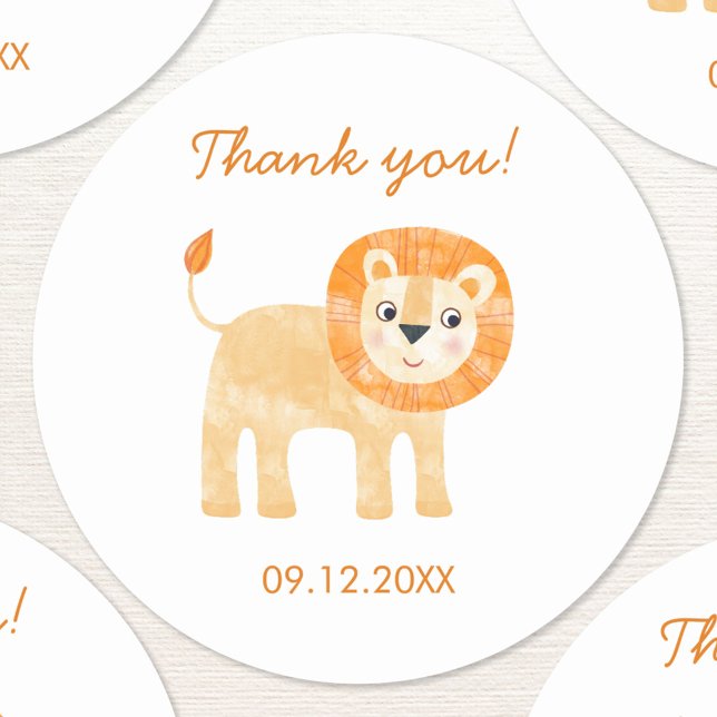 Cute Lion Thank You Date Classic Round Sticker (Cute watercolor lion safari themed thank you sticker with custom date)