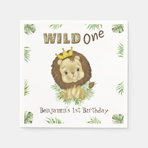 Cute Lion Watercolor 1st Birthday Theme Wild One Napkins