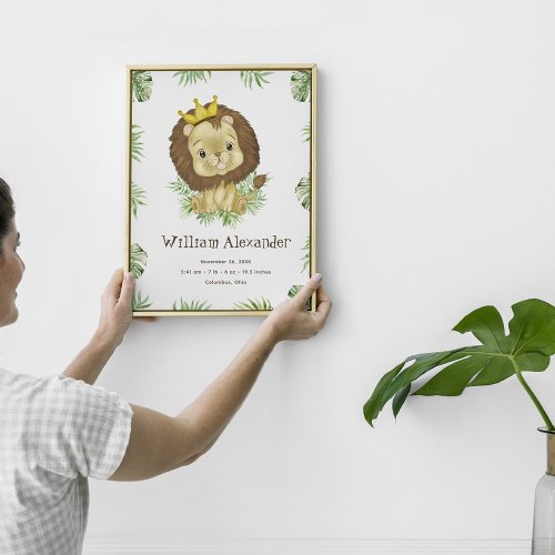 Cute Lion Watercolor Birth Stats Jungle greenery Poster