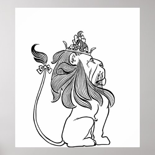 Cute Lion Wearing Crown Profile Line Drawing Poster