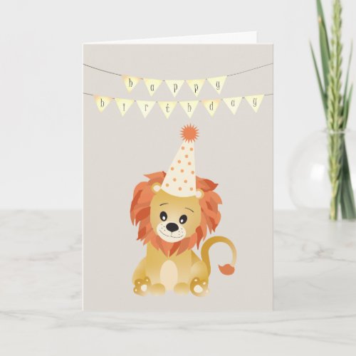 Cute Lion Wearing Party Hat Birthday Banner Roar Card