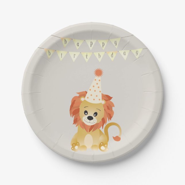 Cute Lion Wearing Party Hat Birthday Banner Roar Paper Plates (Front)