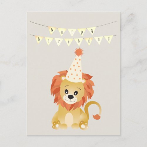 Cute Lion Wearing Party Hat Birthday Banner Roar Postcard