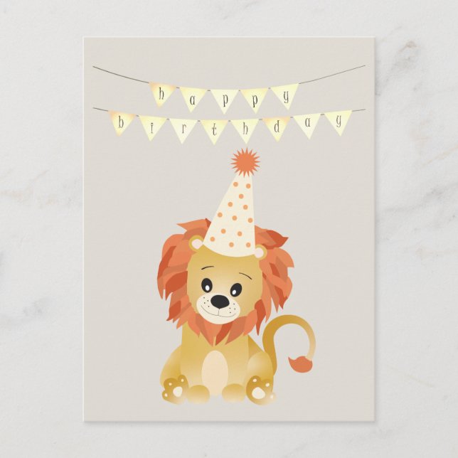 Cute Lion Wearing Party Hat Birthday Banner Roar Postcard (Front)