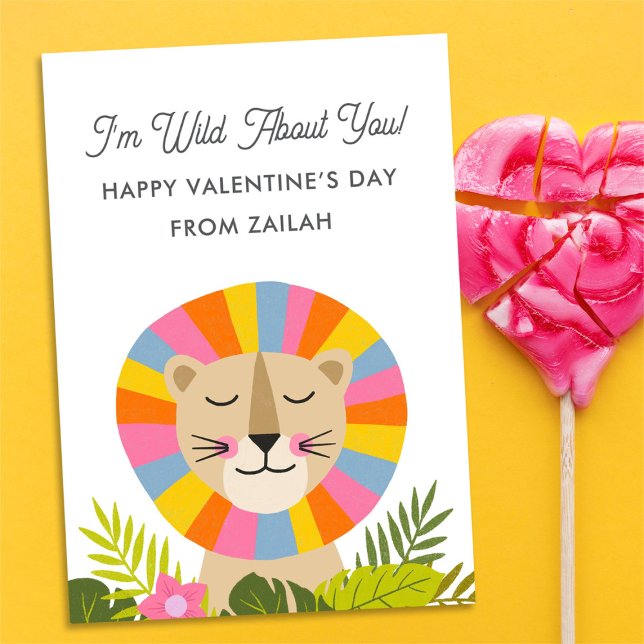 Cute Lion Wild About You Kids Classroom Valentine Note Card (Creator Uploaded)