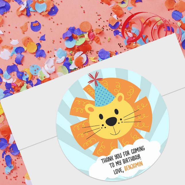 Cute Lion with Birthday Party Hat Thank You  Classic Round Sticker (Creator Uploaded)